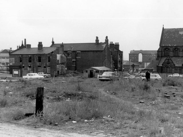 Land clearance at the rear of St. Patrick's Roman Catholic Church in 1964. In the centre old properties still stand including those in Moody's Yard and Lyndhurst Street. The land became the site of Agnes Stewart C. of E. High School.