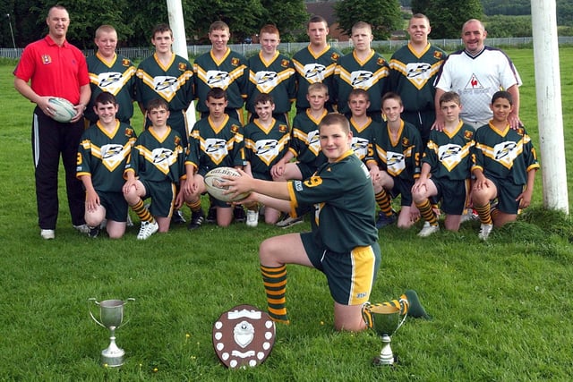Hunslet Parkside U-14s were celebrating a rugby league triple by winning the League Division One championship, Leeds and District Cup winners and Yorkshire Challenge Cup winners. Pictured, front is team captain, Kyle McDermott. First row, left to right, are Andrew Hepworth, Oliver Kirkham, Jonathan Curtis, Daniel Hoult, Thomas Walker, Paul McShane, Richard Tate, Jamie Kirkham, Jy-Mel Coleman. Back row, from left, are Phil Tate (coach), David Kwapisz, Antony Addinall, Dean Pepper, Jason Shipley, David Robinson, Ben Jones, Sam Allan and John McDermott (coach).