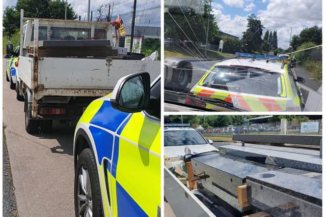 A van has been seized on the M62 with a smashed windscreen, the driver on a mobile phone and a weight of almost 5,000kg.