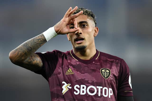 Raphinha scored his first Leeds United goal in the Whites' 2020/2021 third kit. Pic: Peter Powell.