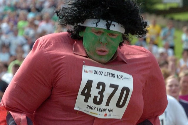 A runner dressed as the Incredible Hulk puts his best foot forward.