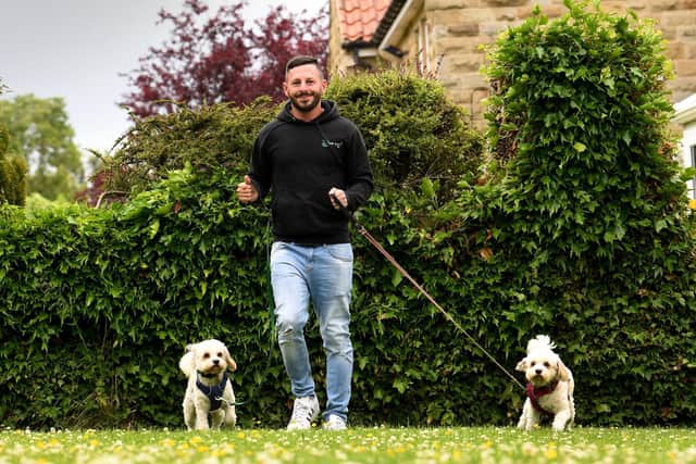 Dog walk for Mental Health .. Richard Somers pictured with his dogs Bailey and Bella at his home at Scarcroft, Leeds..Picture by Simon Hulme