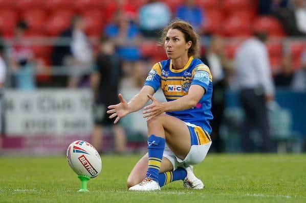 Rhinos captain Courtney Winfield-Hill lines up the winning conversion against St helens. Picture by Ed Sykes/SWpix.com.