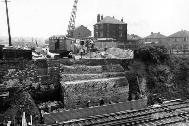 Foundation laying for a bridge over the Leeds-York railway at Station Road in May 1954.