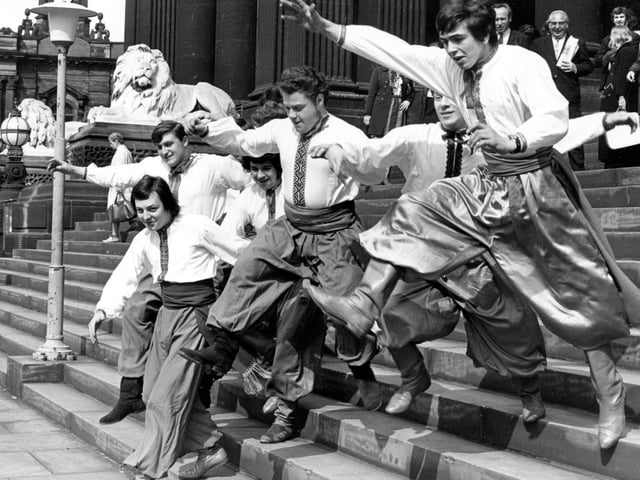 Ukrainian dancers on the steps of the Town Hall in April 1971. The Red Army ensemble were performing at the Grand Theatre but had just been charged on this day, with disorderly conduct.