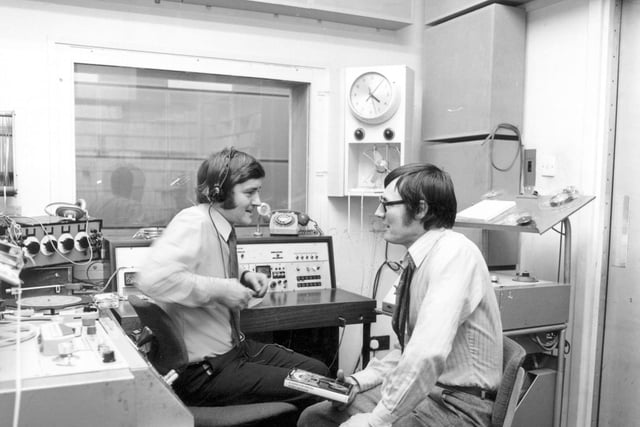 Studio 2 at Radio Leeds in February 1971 which at the time was operating from the Merrion Centre. The interviewer (on the left) is Chris Hawksworth. Also seen in the studio is the writer Harry Patterson, more commonly known as Jack Higgins.