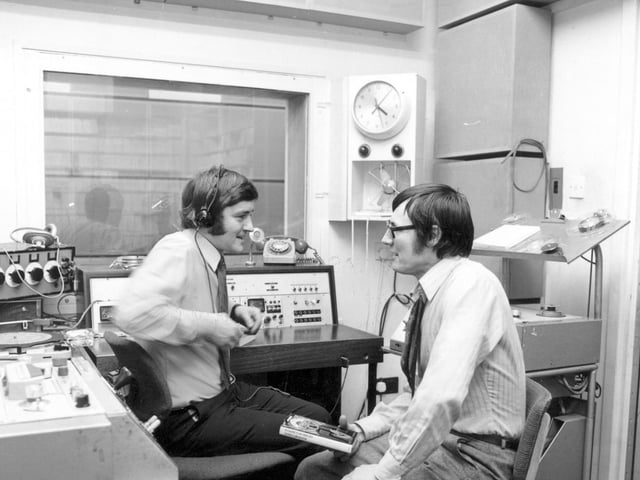 Studio 2 at Radio Leeds in February 1971 which at the time was operating from the Merrion Centre. The interviewer (on the left) is Chris Hawksworth. Also seen in the studio is the writer Harry Patterson, more commonly known as Jack Higgins.