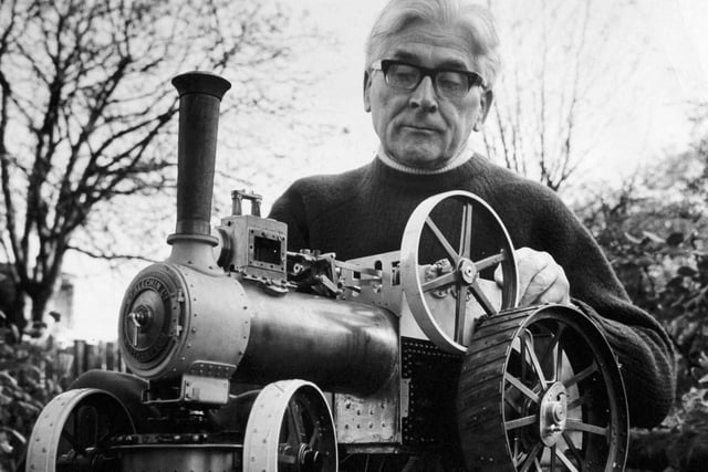 Retired engineer Alastair Cameronis pictured with a model steam engine in November 1971 which he has been making for nearly four years in the workshop at his Roundhay home.