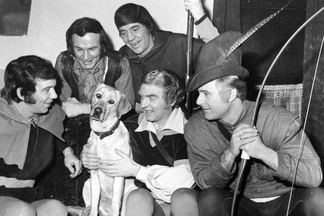 The Dallas Boys in their dressing room with their dog Petra in January 1971. Pictured are Nicky Clarke, Joe Smith, Stan Jones, Leon Fisk and Bob Wragg.