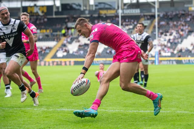 Ash Handley equalled Rhinos' Super League record with five tries in the rout of Hull. Picture by Bruce Rollinson.