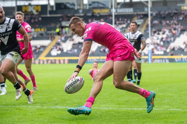 Ash Handley touches down for his fifth try at 
Hull FC. Picture: Bruce Rollinson.