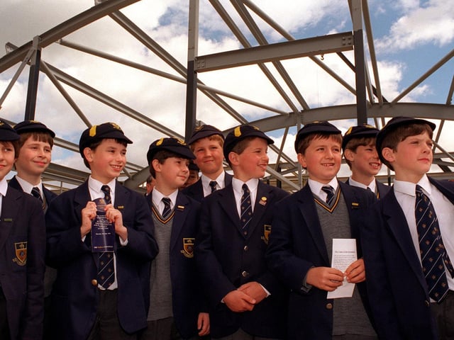 Leeds Grammar School pupils get a first look as their new school takes shape at Alwoodley. They were at the foundation stone laying ceremony by Chair of Governors Peter Sparling.