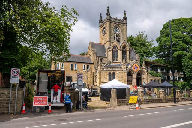 Production crew setting up at the old Union Chapel on Chapeltown Road
