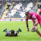 Ash Handley scores his third try against Hull FC.  Picture: Bruce Rollinson.