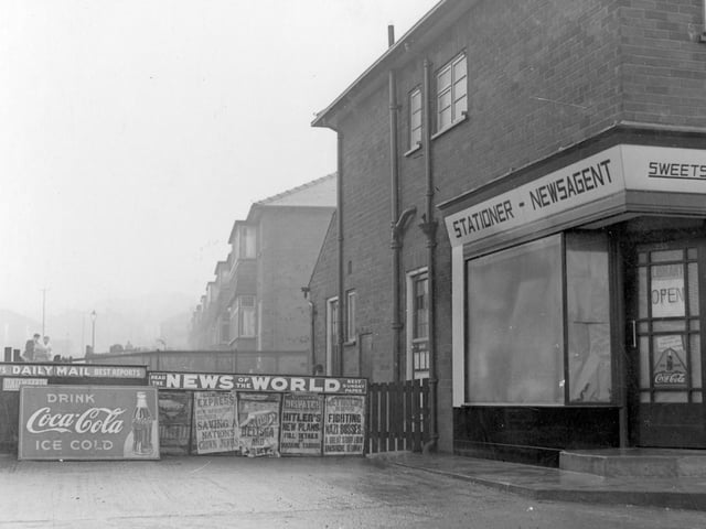A newsagent and sweet shop, owned by Edward Hutchinson, on corner of Heath Grove, opposite Elland Road in January 1940.