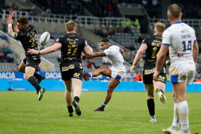 Kruise Leeming lands the winning drop goal for Leeds Rhinos against Hull at last year's Magic Weekend at St James' Park, Newcastle. Picture: Ed Sykes/SWpix.com.