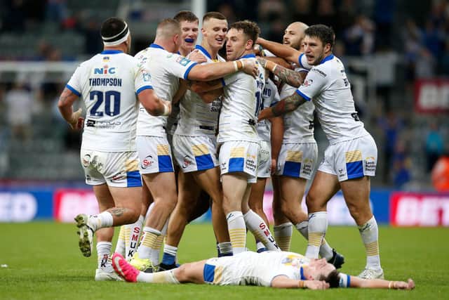 Relieved Leeds Rhinos celebrate last year's Magic Weekend win over Hull FC at St James' Park, Newcastle. Picture: Ed Sykes/SWpix.com.