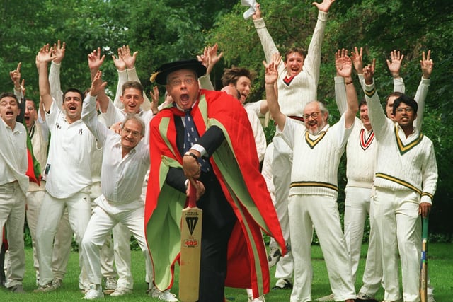 Dickie Bird celebrated his honorary degree at Leeds University with an impromptu cricket match with the staff and students from the University cricket team.
