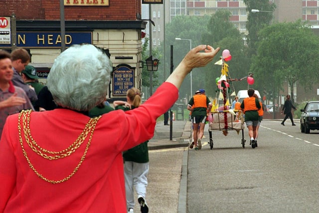 The Lord Mayor of Leeds, Coun Linda Middleton, waves off the final fundraising bed push St James's Hospital.