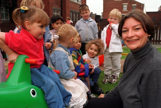 NUT national president Christine Blower meets nursery class children during her visit to the school in September 1997.