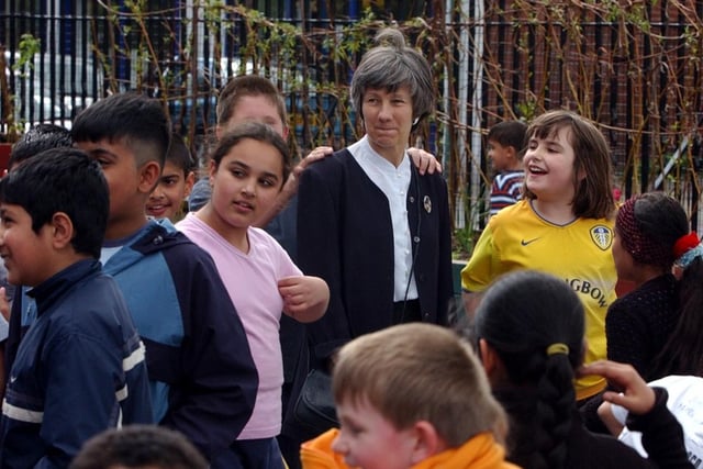 Head teacher Rita Samuel with pupils in the playground pictured in May 2003.