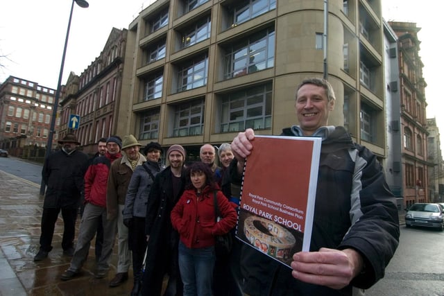 John Lawrence (right) co-organiser for the Royal Park Community Consortium, with campaigners outside the Leonardo Building in the city centre in January 2010. The group planned to make a presentation to help save the building.