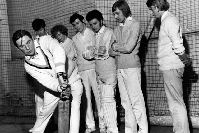 Yorkshire CCC's new coach Doug Padgett demonstrates the 'left leg and bat close together' technique to young hopefuls at the Headingley nets in March 1972. He is pictured with boys from Yorkshire schoolboys and Federation teams, from left,  Bob Cummings (Sheffield United), Philip Newton and Stephen Johnson (Woodhouse Grange), graham Copley (Welton), Paul Nicholson (Birstall)m and Tony Jeary (Cardigan Road).