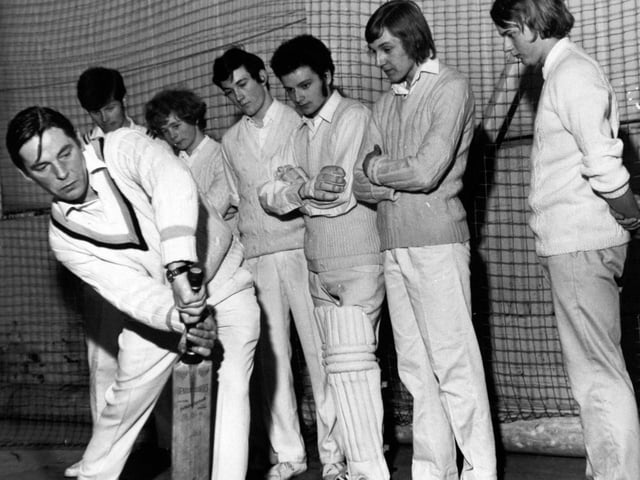 Yorkshire CCC's new coach Doug Padgett demonstrates the 'left leg and bat close together' technique to young hopefuls at the Headingley nets in March 1972. He is pictured with boys from Yorkshire schoolboys and Federation teams, from left,  Bob Cummings (Sheffield United), Philip Newton and Stephen Johnson (Woodhouse Grange), graham Copley (Welton), Paul Nicholson (Birstall)m and Tony Jeary (Cardigan Road).