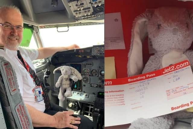 Airline staff made sure Bun-Bun arrived back home safe, where he was pictured with his own suitcase. Picture: Jet2.