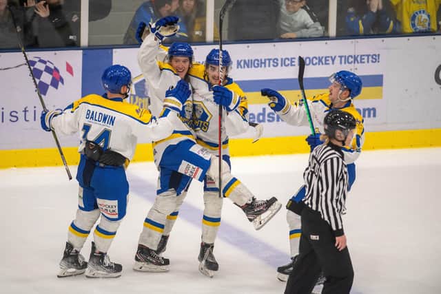 Harry Gulliver celebrates scoring for Leeds Knights against Sheffield Steeldogs in the Autumn Cup semi-final second leg at Elland Road Picture: Bruce Rollinson