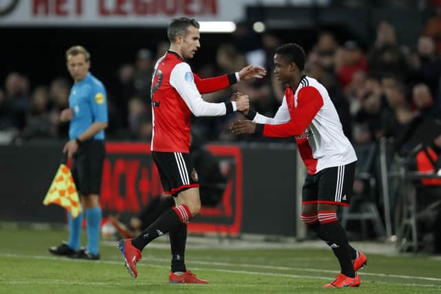 HISTORY: Robin van Persie, left, is replaced by Leeds United new boy Luis Sinesterra for Feyenoord in an Eredivisie clash against FC Emmen back in March 2019. Photo by VI Images via Getty Images.