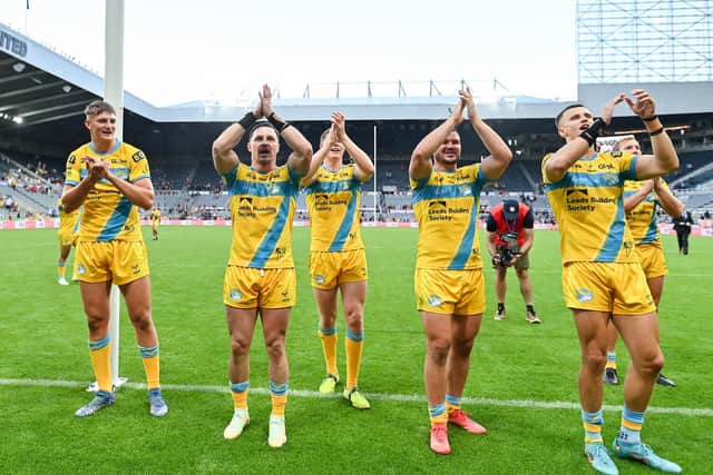 Leeds Rhinos players acknowledge the crowd after their win against Castleford Tigers at St James's Park. Picture: Will Palmer/SWpix.com.
