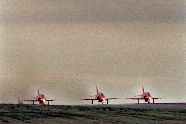 The Red Arrows line up for take off at Leeds Bradford Airport for an air-show at Redcar.