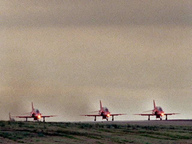 The Red Arrows line up for take off at Leeds Bradford Airport for an air-show at Redcar.