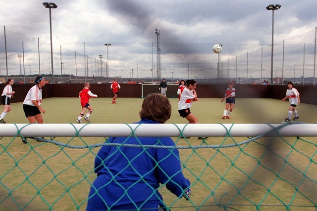South Leeds Stadoum hosted the Centenary Cup, a women's five-a-side tournament for teams across the north of England. Pictured is West Hull on the attack against Leeds's own Jockey's Giants.
