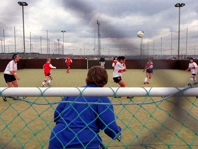 South Leeds Stadoum hosted the Centenary Cup, a women's five-a-side tournament for teams across the north of England. Pictured is West Hull on the attack against Leeds's own Jockey's Giants.