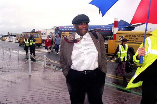 Blues legend B B king arrives at Leeds Bradford Airport.