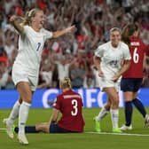 England's Beth Mead celebrates after scoring her third goal, England's 8th. (AP Photo/Alessandra Tarantino)