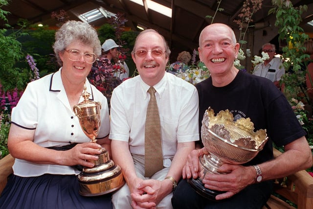 Flower Hall prize winners Paula Woolley of C&K Jones (left) and Louis Hawksby of North England Bonsai (right) with YEP publicity & promotions manager Stephen Allinson in July 1999.