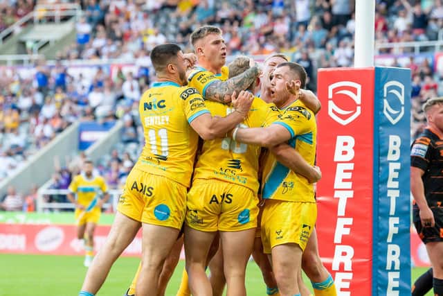 Leeds Rhinos Matt Prior is congratulated after scoring against Castleford Tigers at Magic Weekend. Picture: Allan McKenzie/SWpix.com.