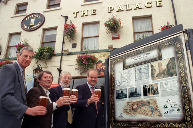 A Royal toast at The Palace as a new board charting the city's waterfront heritage was unveiled. Pictured, from left, is Nigel Clark of Groundwork Leeds, Eric Cowin of Eye On The Aire, Dr Kevin Grady, a historian who produced the board and Jeremy Greville Williams of Allied Domecq Inns, next to Leeds Parish Church