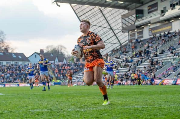 Greg Eden scores in Tigers' Challenge Cup win at Leeds Rhinos this season. Picture by Allan McKenzie/SWpix.com