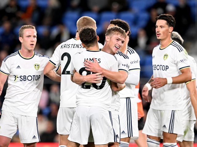 Leeds celebrate Joe Gelhardt's bullet header which put the Whites 2-0 up.