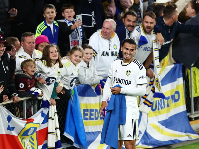 Pascal Struijk enjoying himself with the Whites support after the 2-1 triumph.
