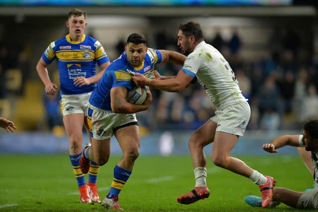 Rhyse Martin in possession during Rhinos' home win over this weekend's opponents Toulouse three months ago. Picture by Bruce Rollinson.