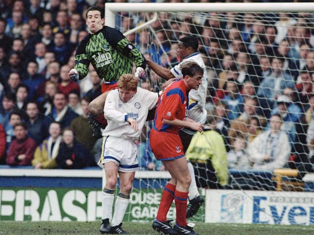 FUTURE AND PRESENT: Eventual Leeds United 'keeper Nigel Martyn towers above Leeds United's Gordon Strachan for Crystal Palace in the First Division clash between the Whites and Eagles of January 1992. Picture by Varleys.
