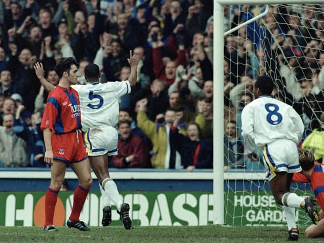 Leeds United drew level through Chris Fairclough's first goal of the season in the First Division clash against Crystal Palace of January 1992 at Elland Road.
Picture by Varleys.