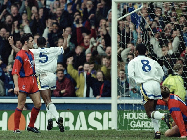Leeds United drew level through Chris Fairclough's first goal of the season in the First Division clash against Crystal Palace of January 1992 at Elland Road.
Picture by Varleys.