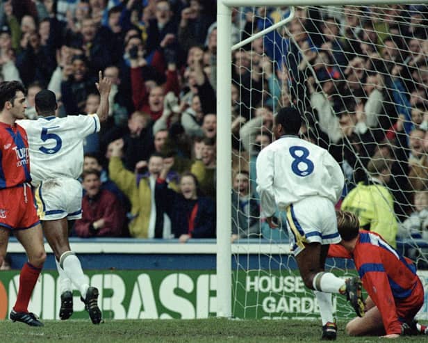 Leeds United drew level through Chris Fairclough's first goal of the season in the First Division clash against Crystal Palace of January 1992 at Elland Road.
Picture by Varleys.