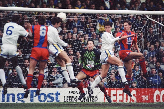 Leeds United were twice denied a winner by the crossbar, including when a Gary Speed header rattled the frame of the goal. Picture by Varleys.